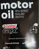 Renault Engine Oil 5L 5 Litre Castrol GTX RN-SPEC 5W40