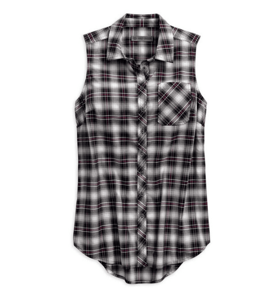 96246-18VW/002L Harley Davidson Women's Distressed HDMC Sleeveless Plaid Woven Shirt 96246-18VW