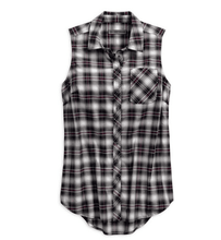 96246-18VW/002L Harley Davidson Women's Distressed HDMC Sleeveless Plaid Woven Shirt 96246-18VW
